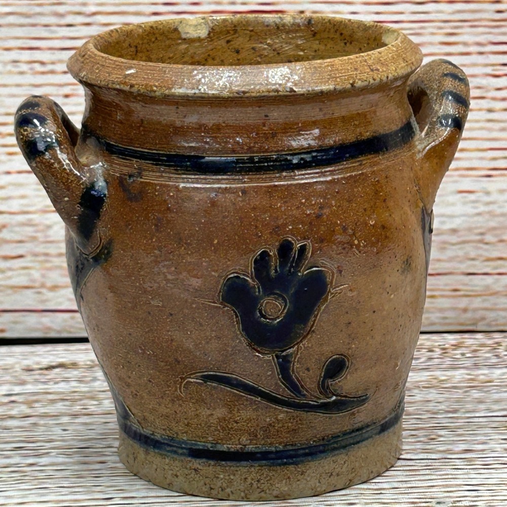 Handcrafted Salt Glazed Stoneware Crock Cobalt Blue Floral Small 4.5 inch Jar